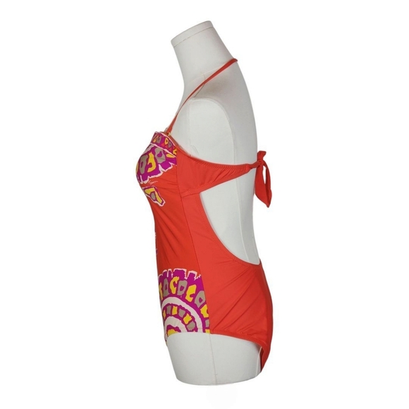 Trina Turk Orange Medallion One-Piece Swimsuit Halter Back Tie Size 8 - Picture 4 of 11